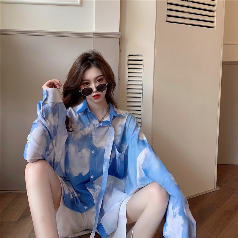 Sky Clouds Printing Casual Loose Blouse Shirt