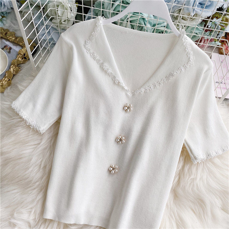 Blusa retro de manga corta con cuello de flores 