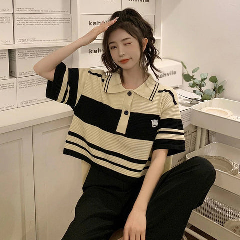 Loose Short Sleeve Striped Shirt