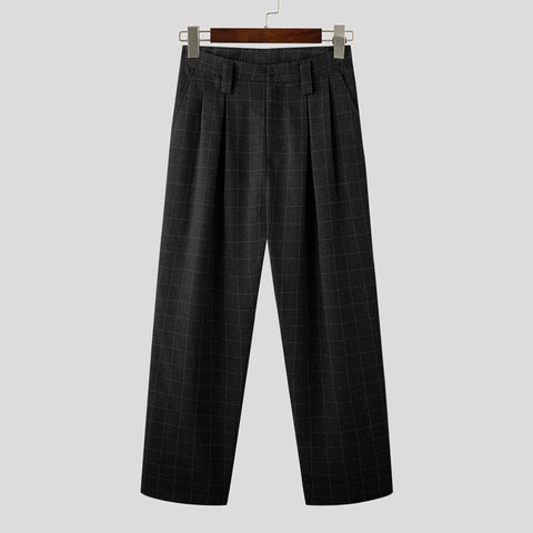 High Waist Casual Plaid Men Ankle Pants