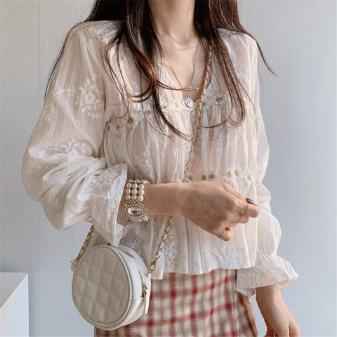 V-Neck Flower Hollow Out Loose Blouse Shirt