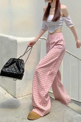 High Waist Elegant Pink Plaid Wide Leg Long Pants