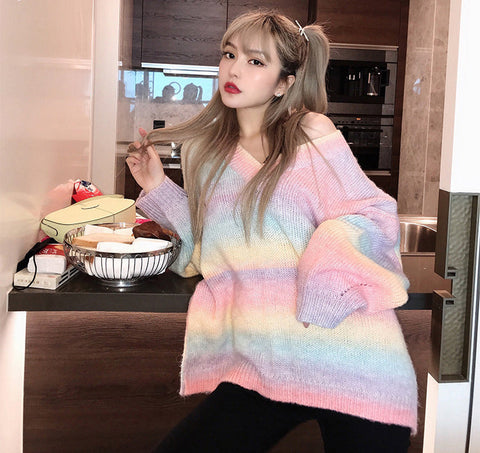 Loose Casual V-Neck Rainbow Knitted Sweater