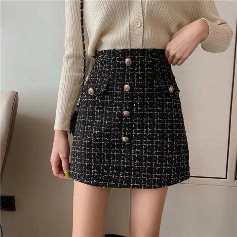 High Waist Woolen Plaid Vintage Button Skirts