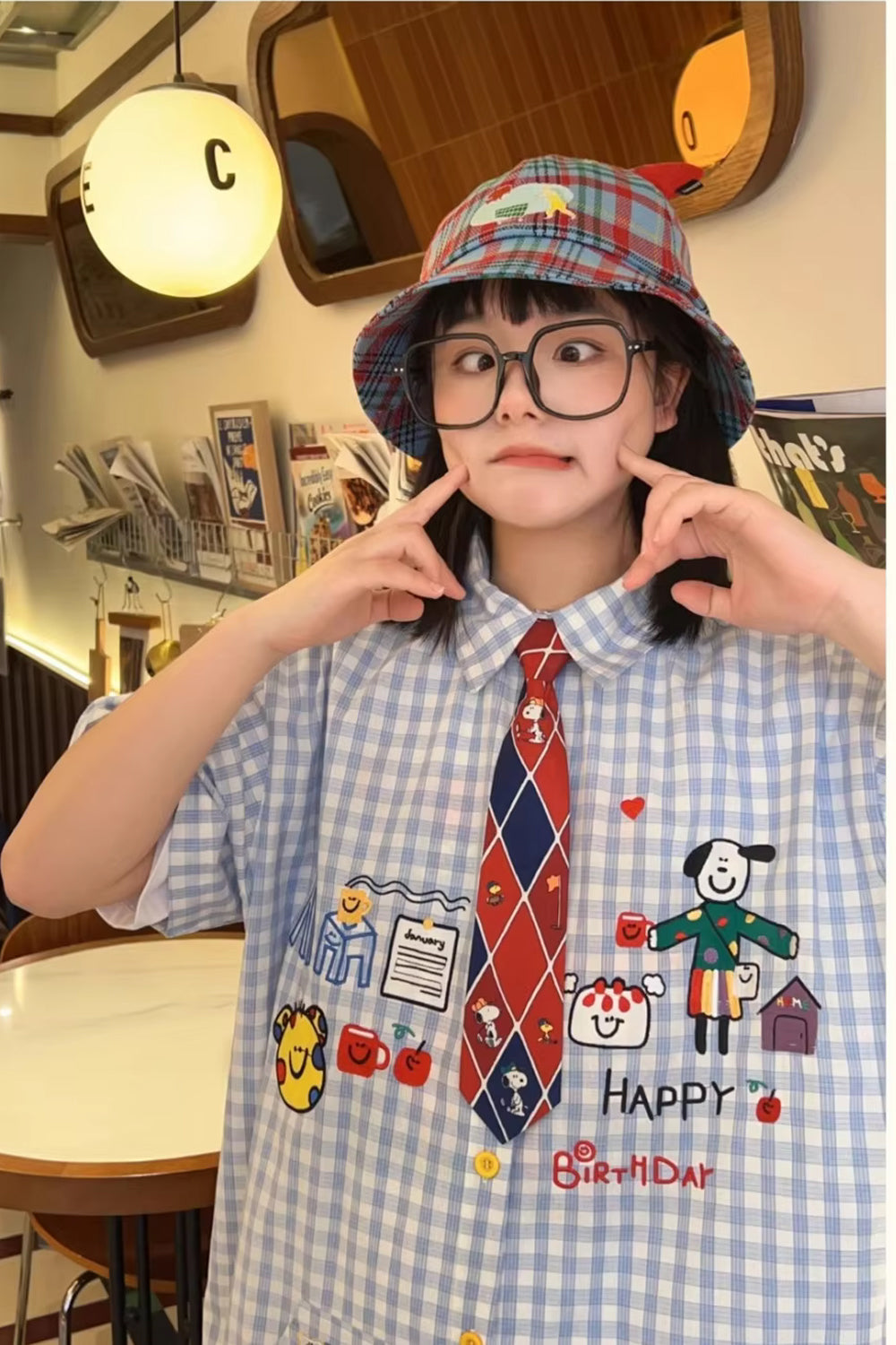 Short Sleeve Cute Pattern Plaid Blouse Shirt