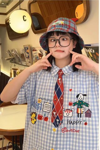 Short Sleeve Cute Pattern Plaid Blouse Shirt