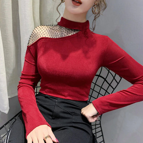 High Mesh Collar Hollow Out Blouse Shirt