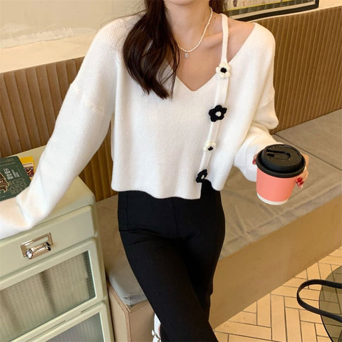 Daisy Flower Pattern Irregular Cropped Sweater