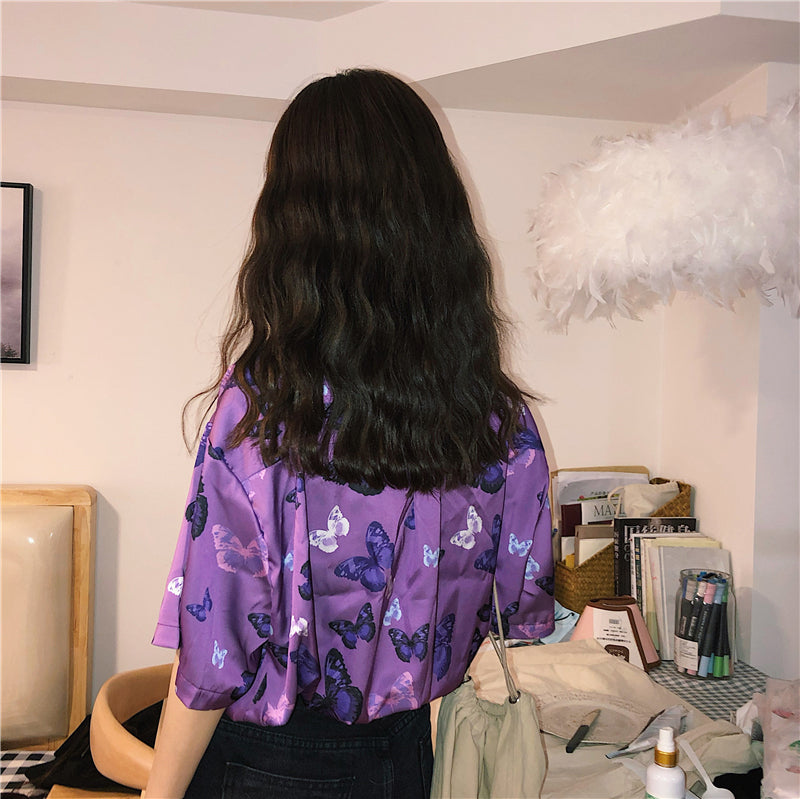 Retro Butterfly Printed Short Sleeve Purple Blouse Shirt