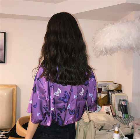 Retro Butterfly Printed Short Sleeve Purple Blouse Shirt