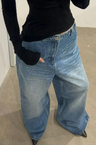 High Waist Oversized Wide Leg Retro Blue Jeans Pants