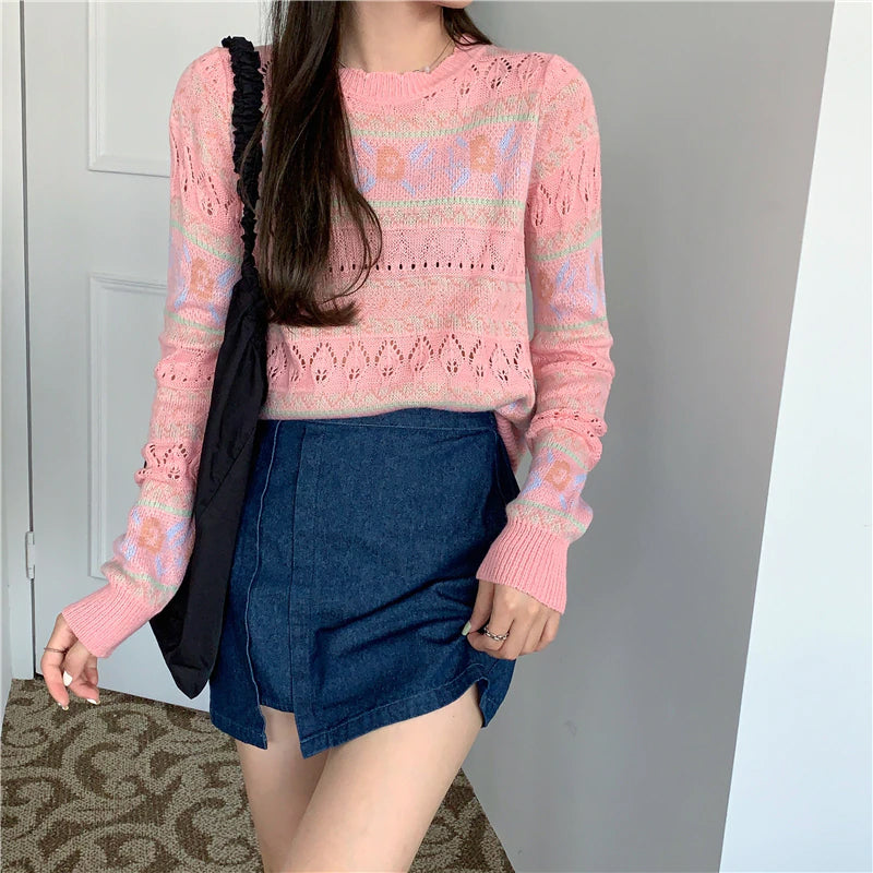 O-Neck Flowers Printed Hollow Sweater