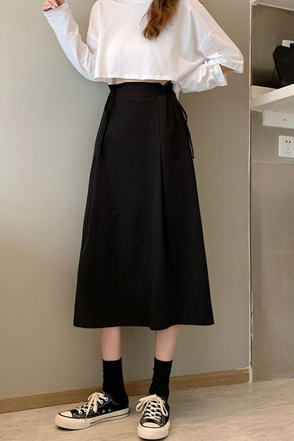 High Waist Side Lace Tie Office A-Line Skirts