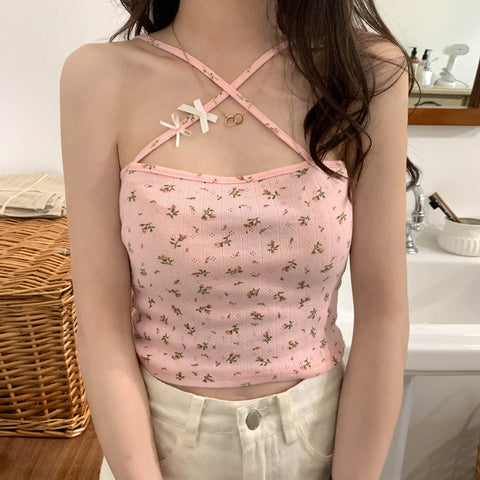 Sexy Floral Halter Cross Slim Crop Tops