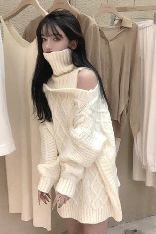 Sexy Off Shoulder Solid Turtleneck Knitted Sweater