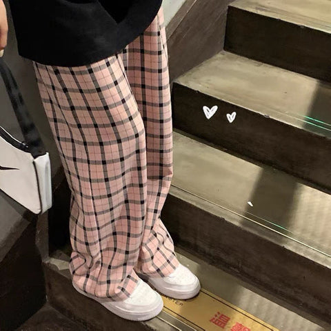 High Waist Casual Pink Plaid Pants