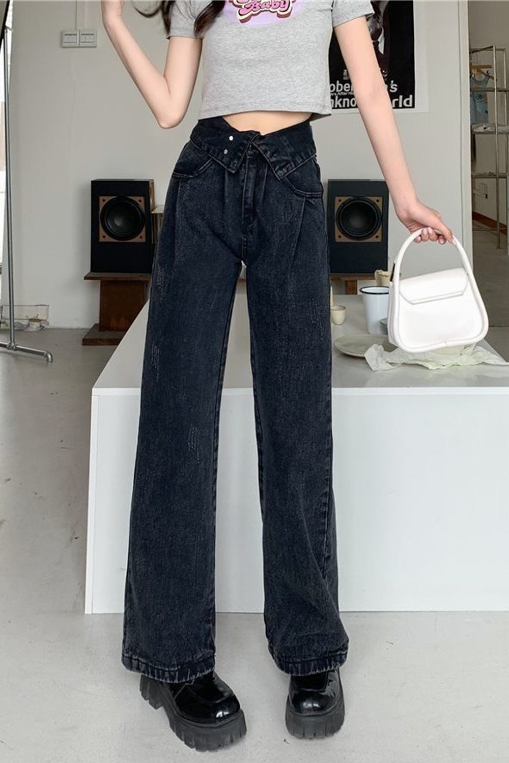 High Waist Extend Button Black Jeans Pants
