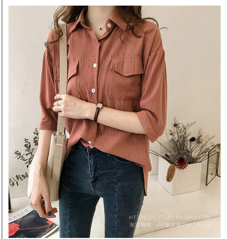 Three Quarter Sleeve Striped Blouse Shirt