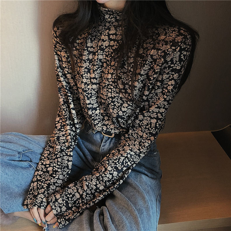 Long Sleeve Florals Pattern Turtleneck Blouse Shirt