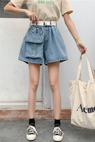 Big Pocket Loose Wide Leg Denim Jeans Shorts