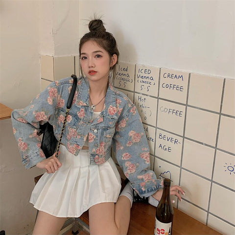 Rose Pattern Loose Short Jeans Jacket