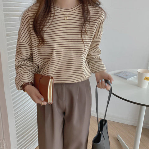 Long Sleeve Coffee Colors Striped Loose Shirt