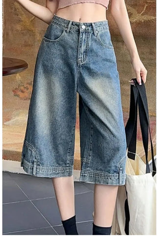 Loose Reversed Style Mid Length Jeans Pants