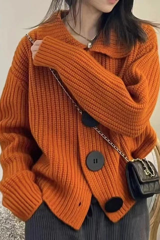 Long Sleeve Big Button Knitted Lapel Collar Sweater