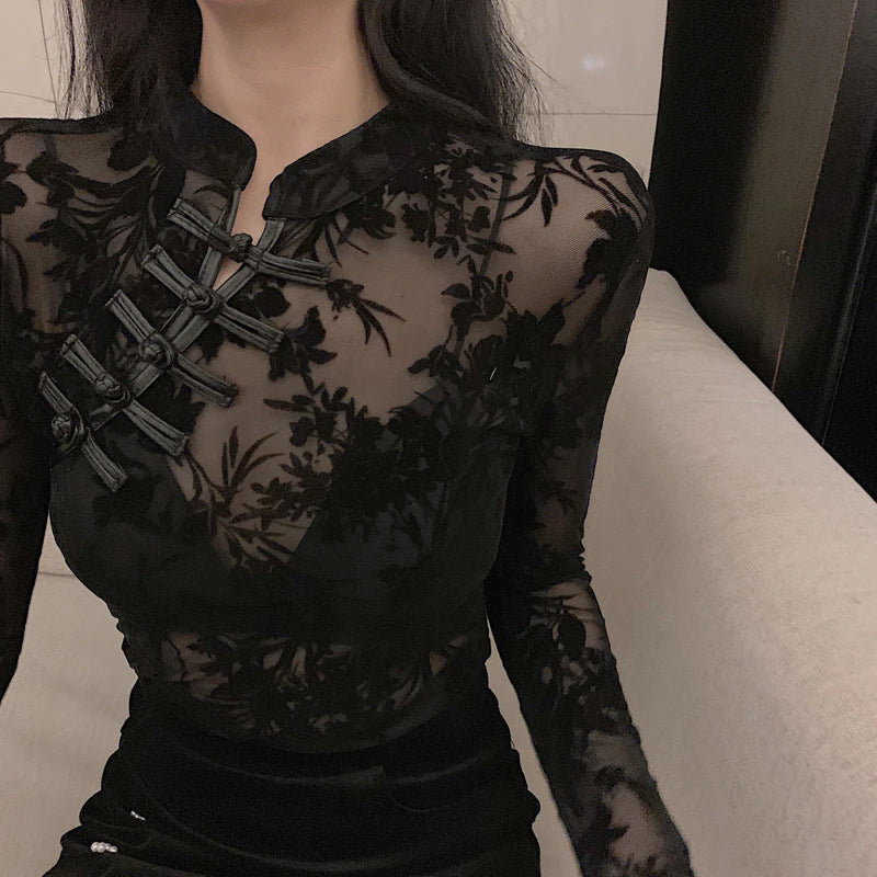 Black Turtleneck Lace Chinese Style Blouse