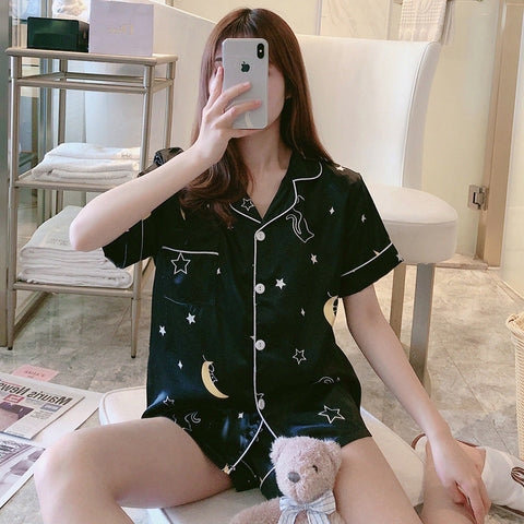 Cat Moon and Stars Printed Satin 2Pcs Pajamas Set