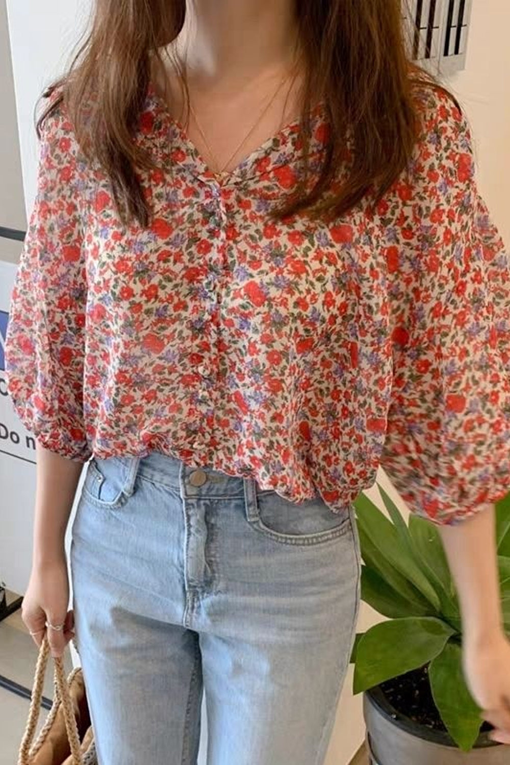 Half Sleeve Retro Flowers Chiffon Blouse Shirt