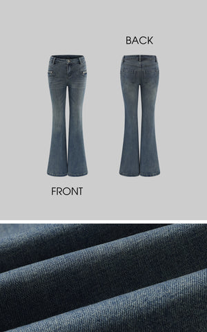 Vintage Flare Denim Jeans Low Rise Bootcut Pants with Zipper Details