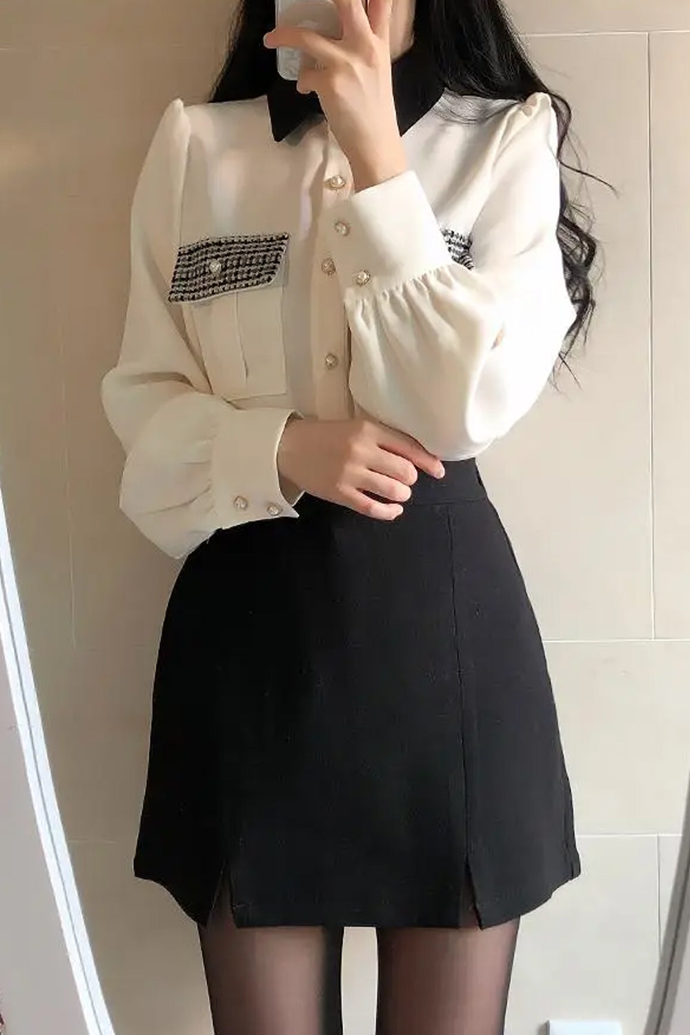 Long Sleeve Plaid Pockets Office Blouse Shirt