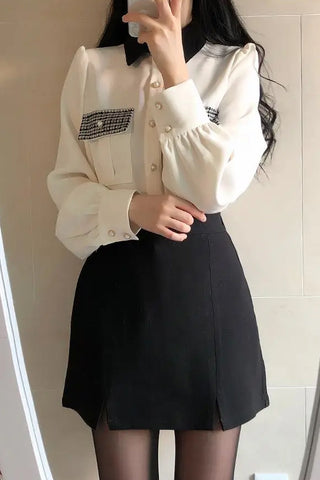 Long Sleeve Plaid Pockets Office Blouse Shirt