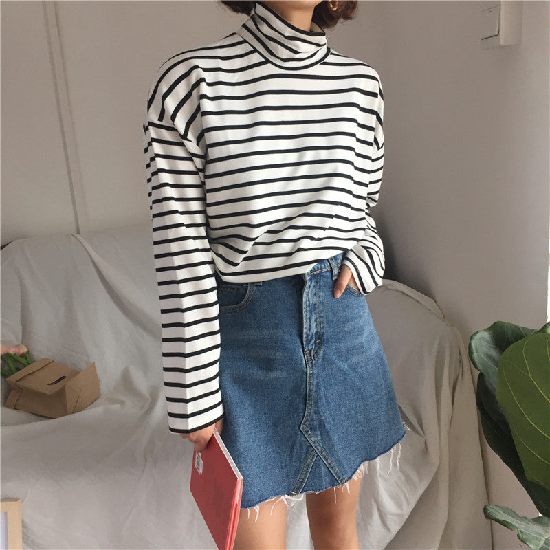 Retro Turtleneck Striped Long Sleeve Shirt