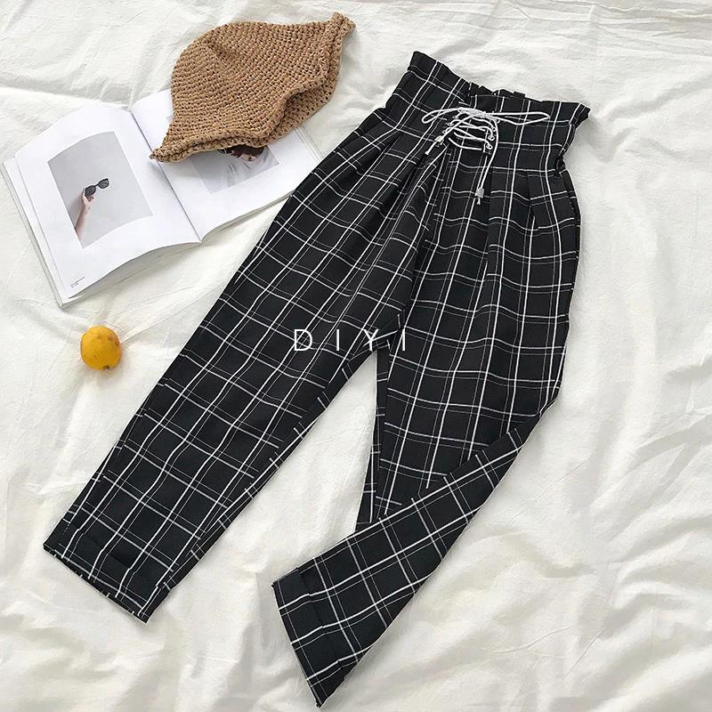 Solid Retro Plaid Lace Up Wide Leg Ankle Length Pants