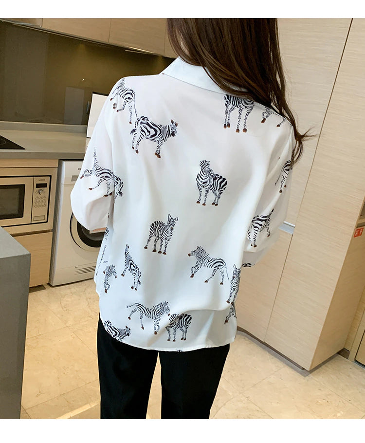 Zebra Printed Turn Down Collar Blouse Shirt