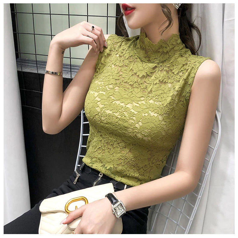 High Stand Collar Lace Sleeveless Tops