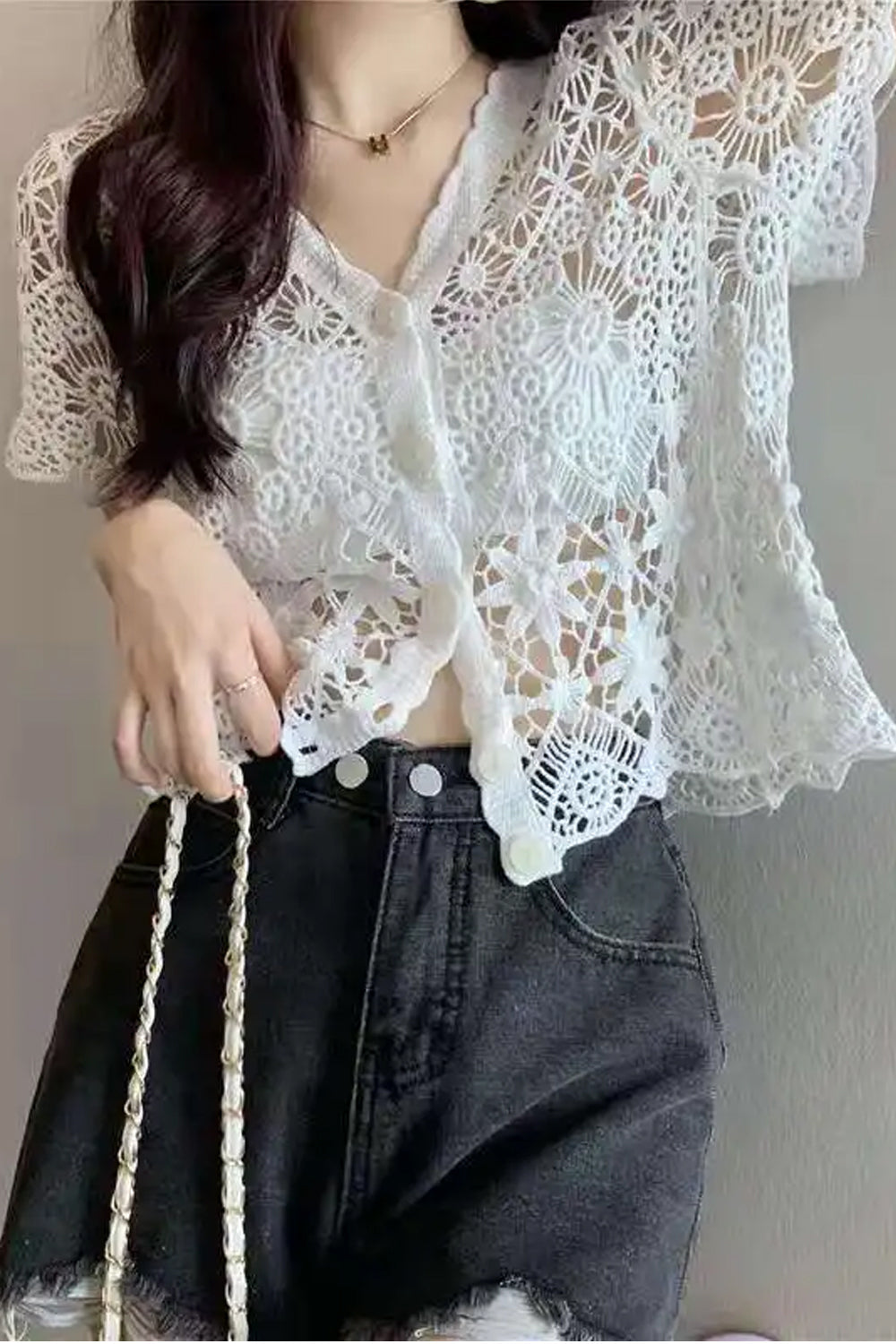 V-Neck Knitted Embroidered Crochet Open Shirts
