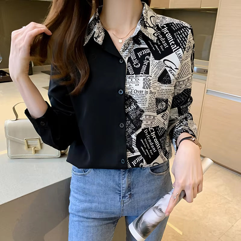 Long Sleeve Newspaper Printed Half Style Blouse Shirt