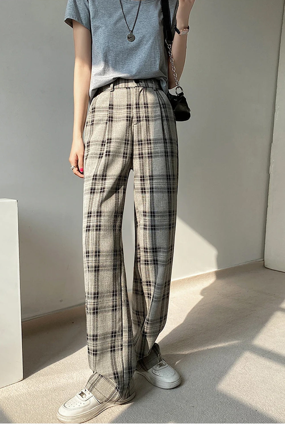 High Waist Plaid Elegant Long Pants