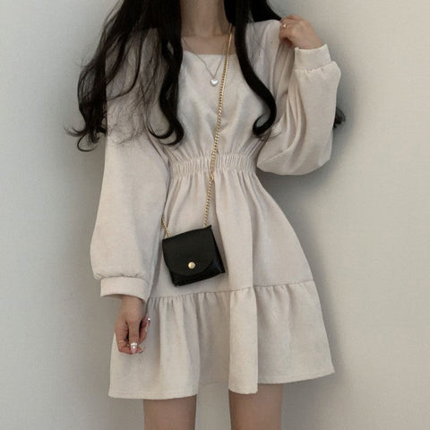 Long Sleeve Square Collar Solid Colors Dress