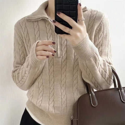 Long Sleeve High Collar Zipper Neck Knitted Sweater