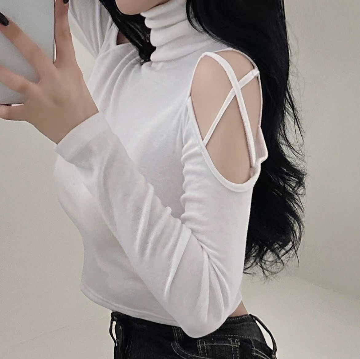 Long Sleeve Sexy Hollow Out Turtleneck Shirt