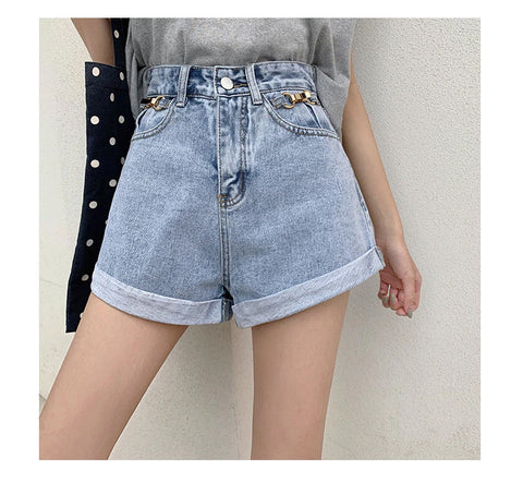 High Waist Crimping Denim Shorts Jeans