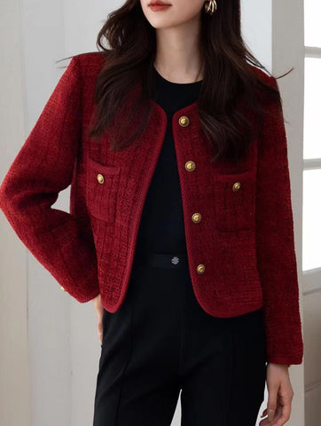 Long Sleeve Wine Red Color Elegant Tweed Jacket