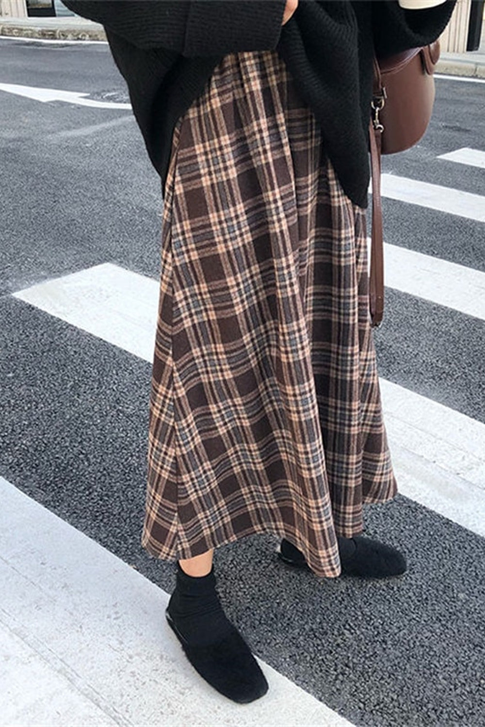 High Waist Brown Plaid Midi Skirt