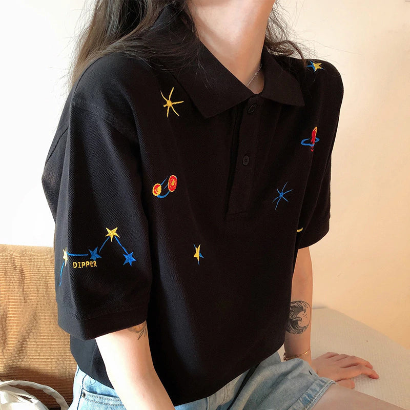Planet Embroidered Polo Loose Shirt