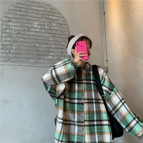 Korean Plaid Single Breasted Oversize Shirt