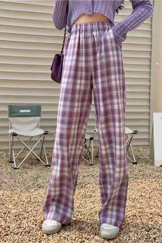 High Waist Cute Purple Plaid Long Pants